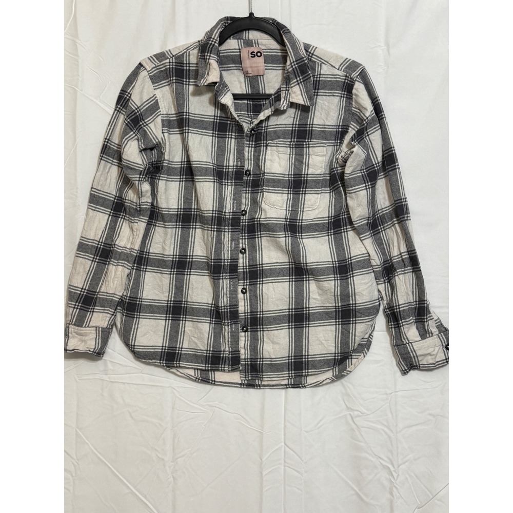 SO Plaid Button‎ Down Shirt Womens XS Grey White Long Sleeve Casual Top